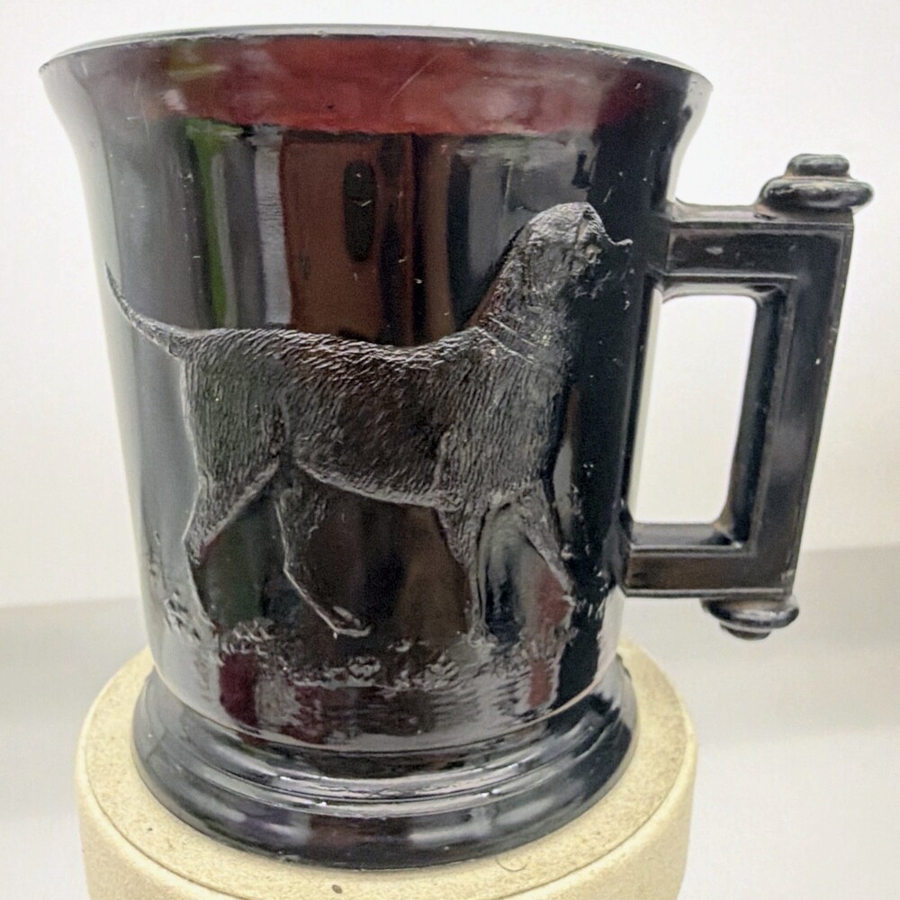 Antique EAPG Black Amethyst Glass Child's Mug Stein Embossed Dog Retriever